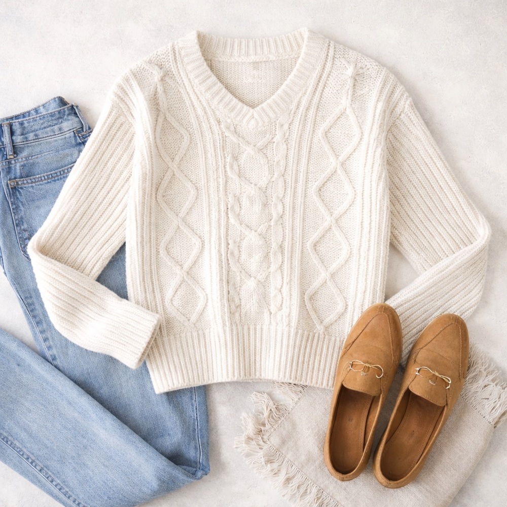 Vintage Åhléns Cable Knit Sweater Cream Cotton V-Neck Size Large